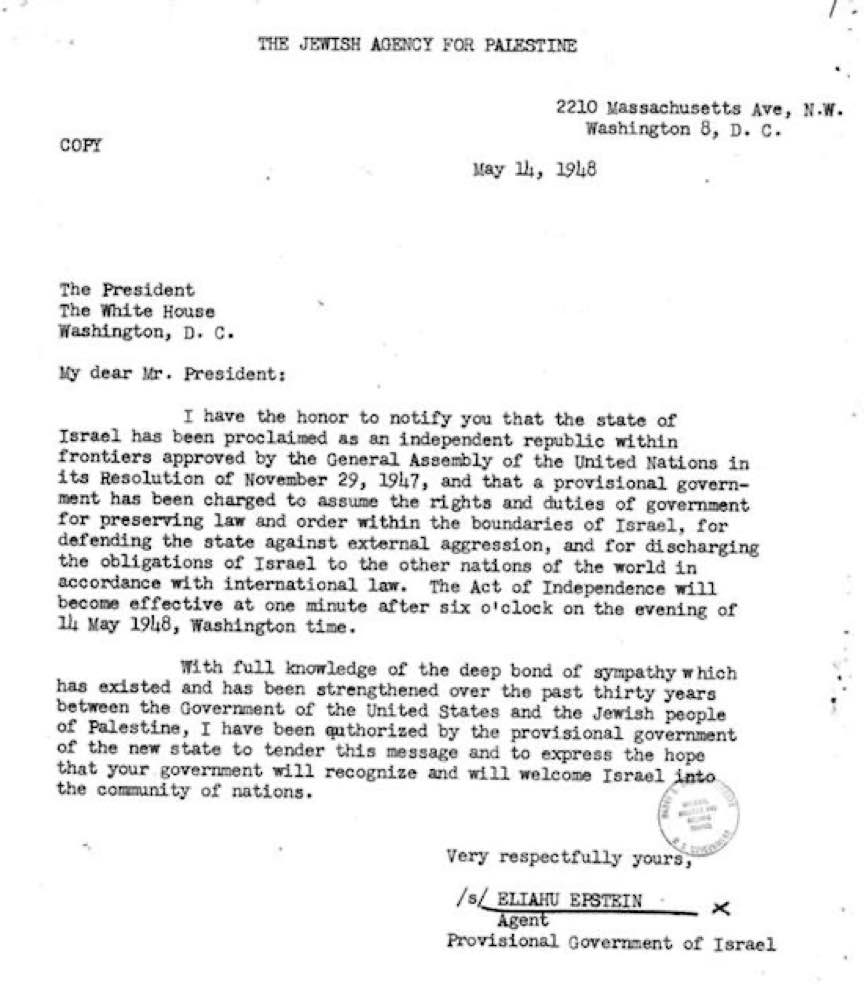 Eliahu Epstein to Harry S. Truman with attatchments re: recognition of Israel, May 14, 1948. Truman Papers, Official File. 204-D: Jewish State, 1948-49.