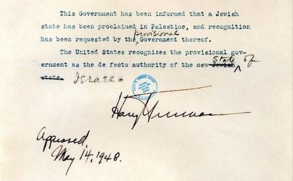Truman response recognizing the new State of Israel